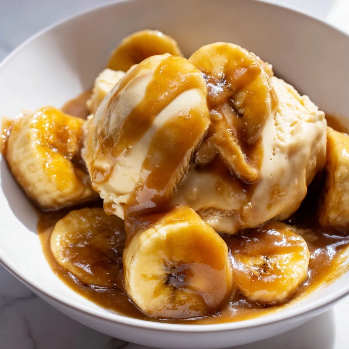 Classic Bananas Foster dessert in a skillet, with cinnamon butter sauce bubbling and ripe bananas softening gently.