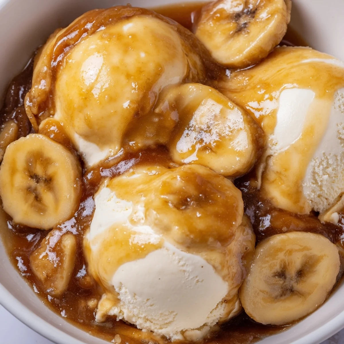 Golden caramelized banana slices in a Classic Bananas Foster sauce, served warm over scoops of vanilla ice cream.