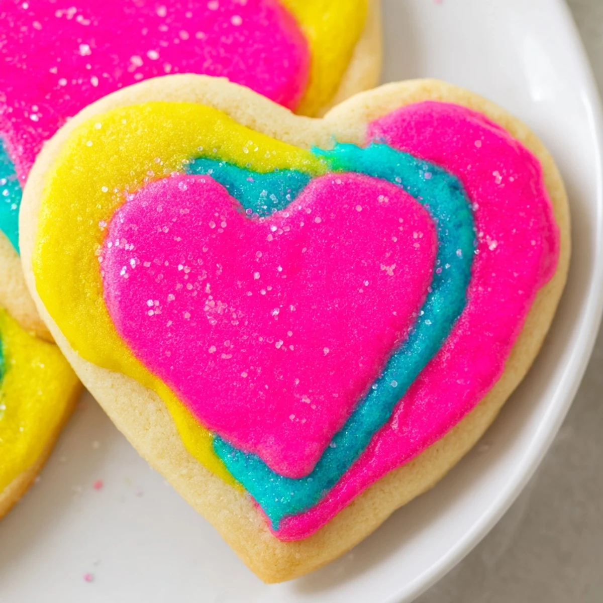 Golden Heart Shaped Sugar Cookies with Icing on a marble countertop, ready for a romantic Valentine’s Day celebration.