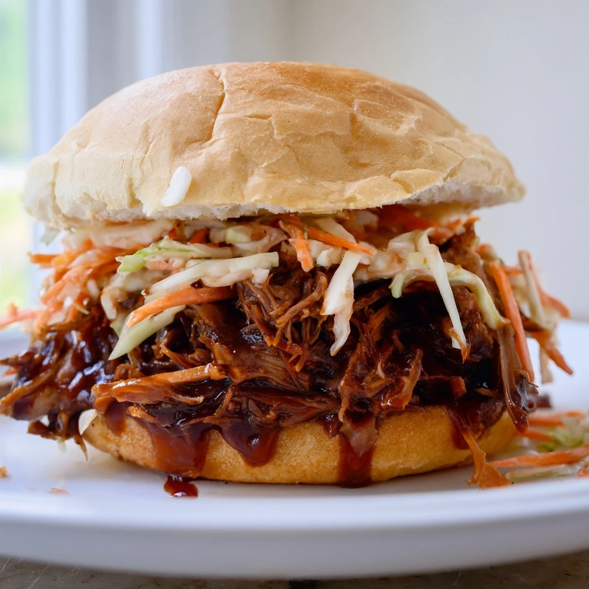 Tender, slow-cooked MVP Pulled Beef Sandwiches piled high on a soft bun with smoky barbecue sauce and tangy slaw.