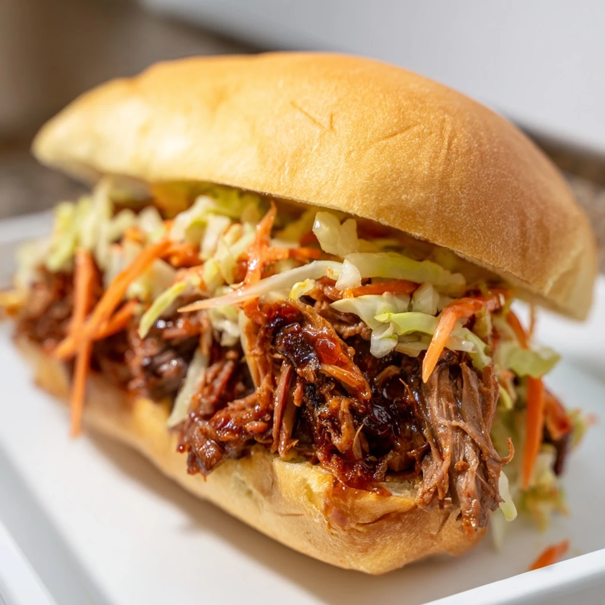 Close-up of shredded beef piled high on a toasted bun with creamy coleslaw and barbecue sauce for a game day meal.
