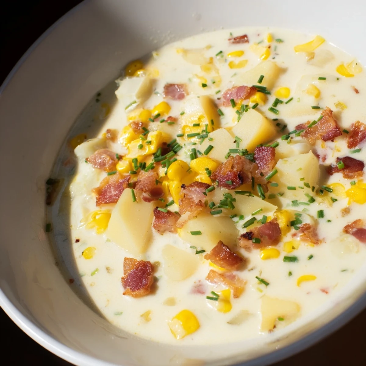 Creamy Corn Chowder with Turkey Bacon steams in a rustic bowl, garnished with fresh chives and extra crispy bacon pieces for a hearty meal.