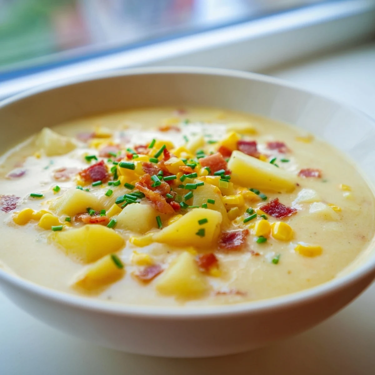 A spoon dips into golden Creamy Corn Chowder with Turkey Bacon, revealing tender potato chunks and sweet corn kernels in a velvety, cream-based broth.