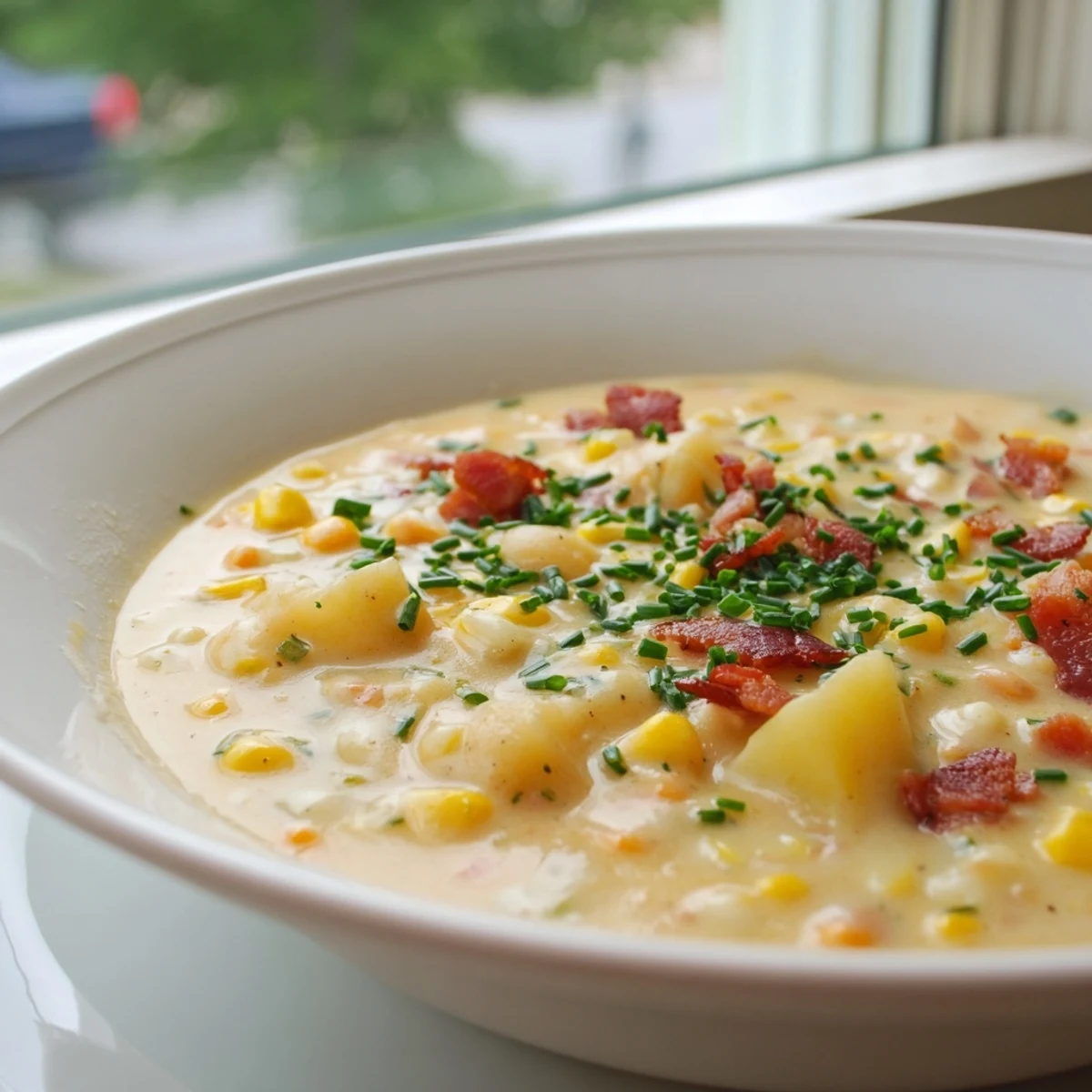 Served with crusty bread, this Creamy Corn Chowder with Turkey Bacon features smoky, crisp bacon bits and a sprinkle of fresh green chives on top.