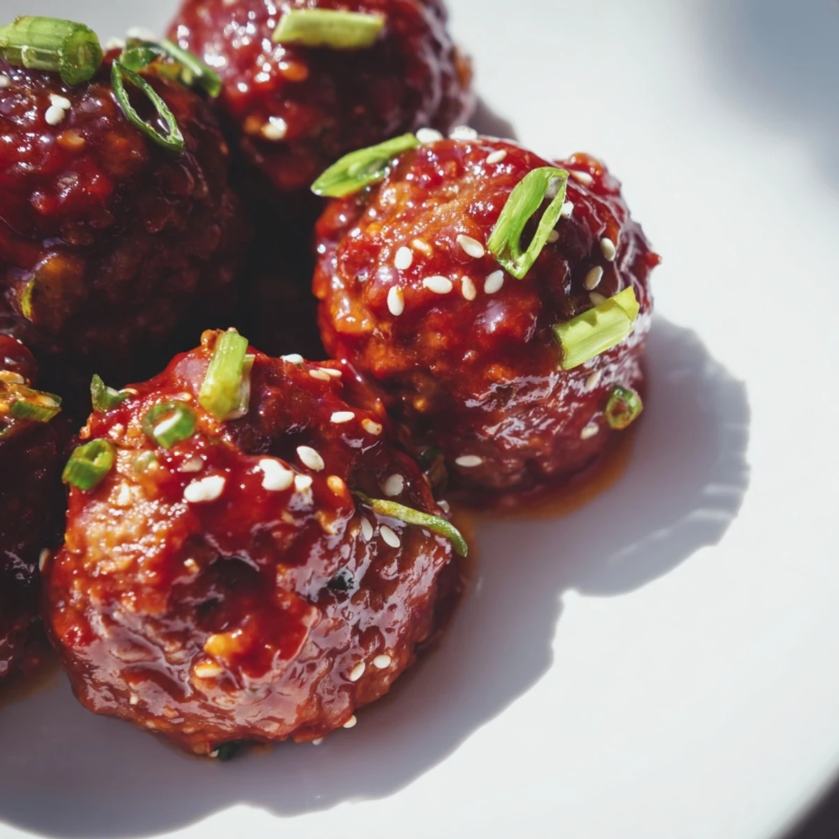 Golden-brown Spicy Sriracha Beef Meatballs glisten with a glossy, fiery glaze, garnished with green onions and sesame seeds.