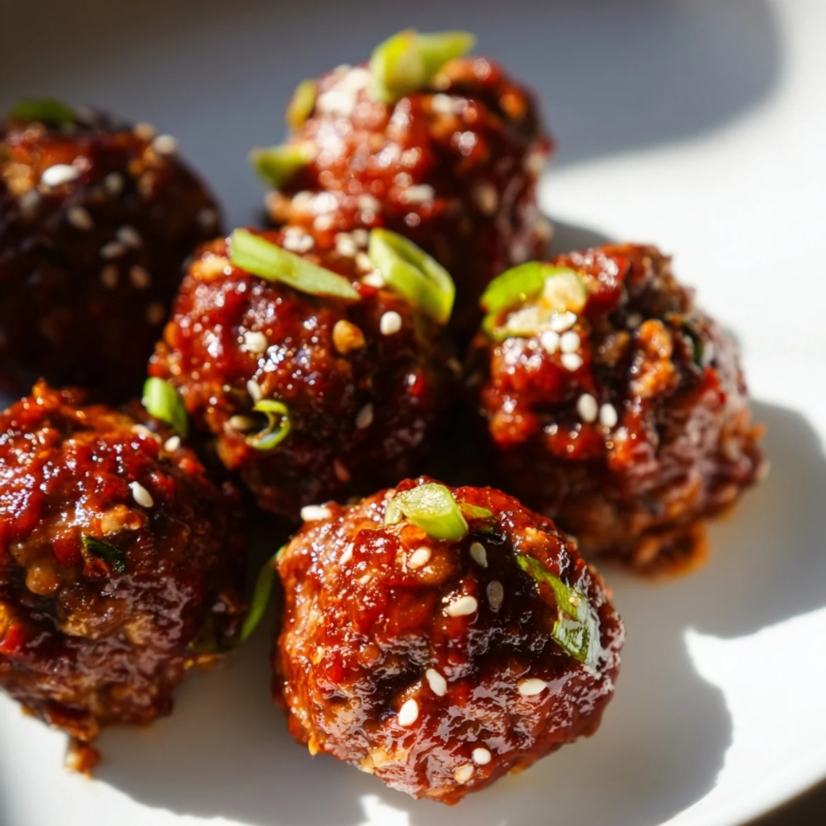 A close-up of tender Spicy Sriracha Beef Meatballs on a platter, ready to be served over steamed rice for dinner.