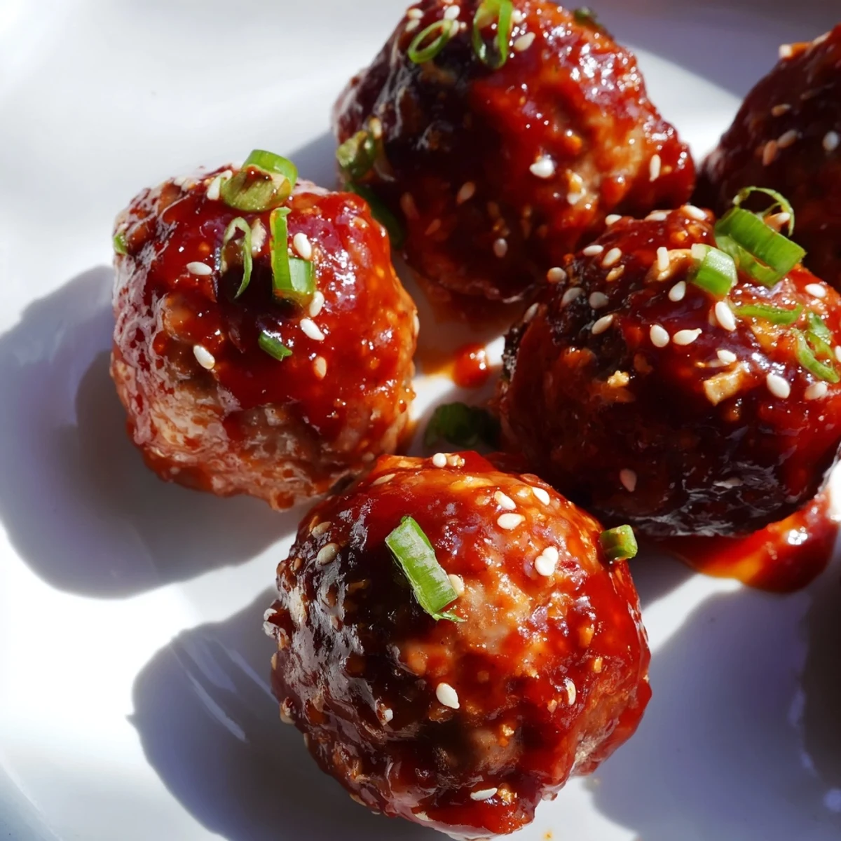 Freshly baked Spicy Sriracha Beef Meatballs with a sticky glaze, highlighted by sliced green onions for an appetizer spread.