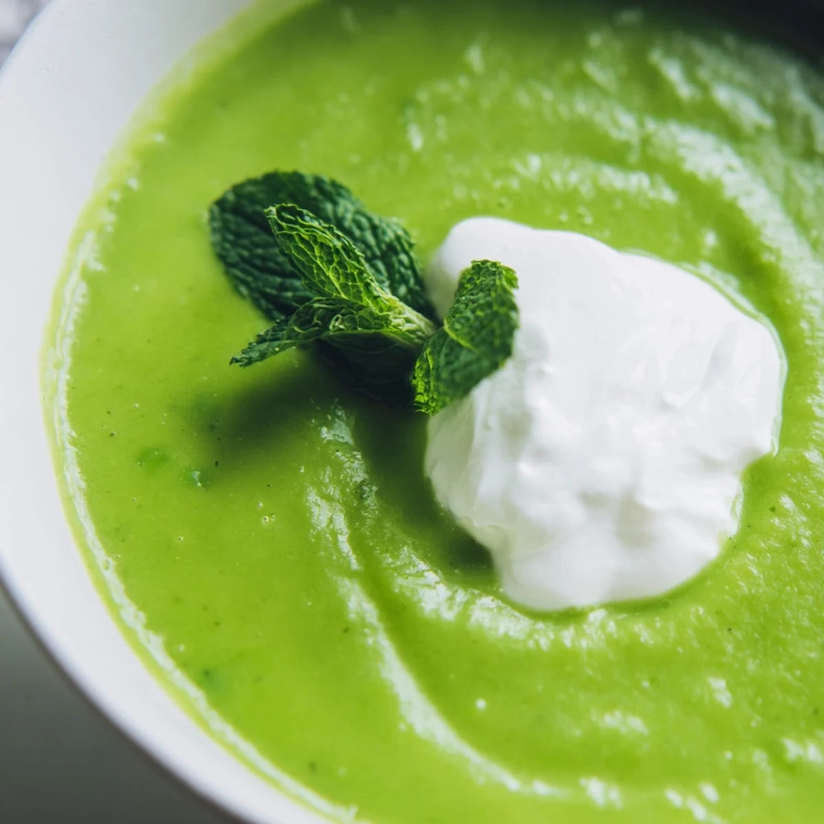 Creamy Green Pea and Mint Soup with a swirl of crème fraîche, garnished with pepper and fresh mint leaves.