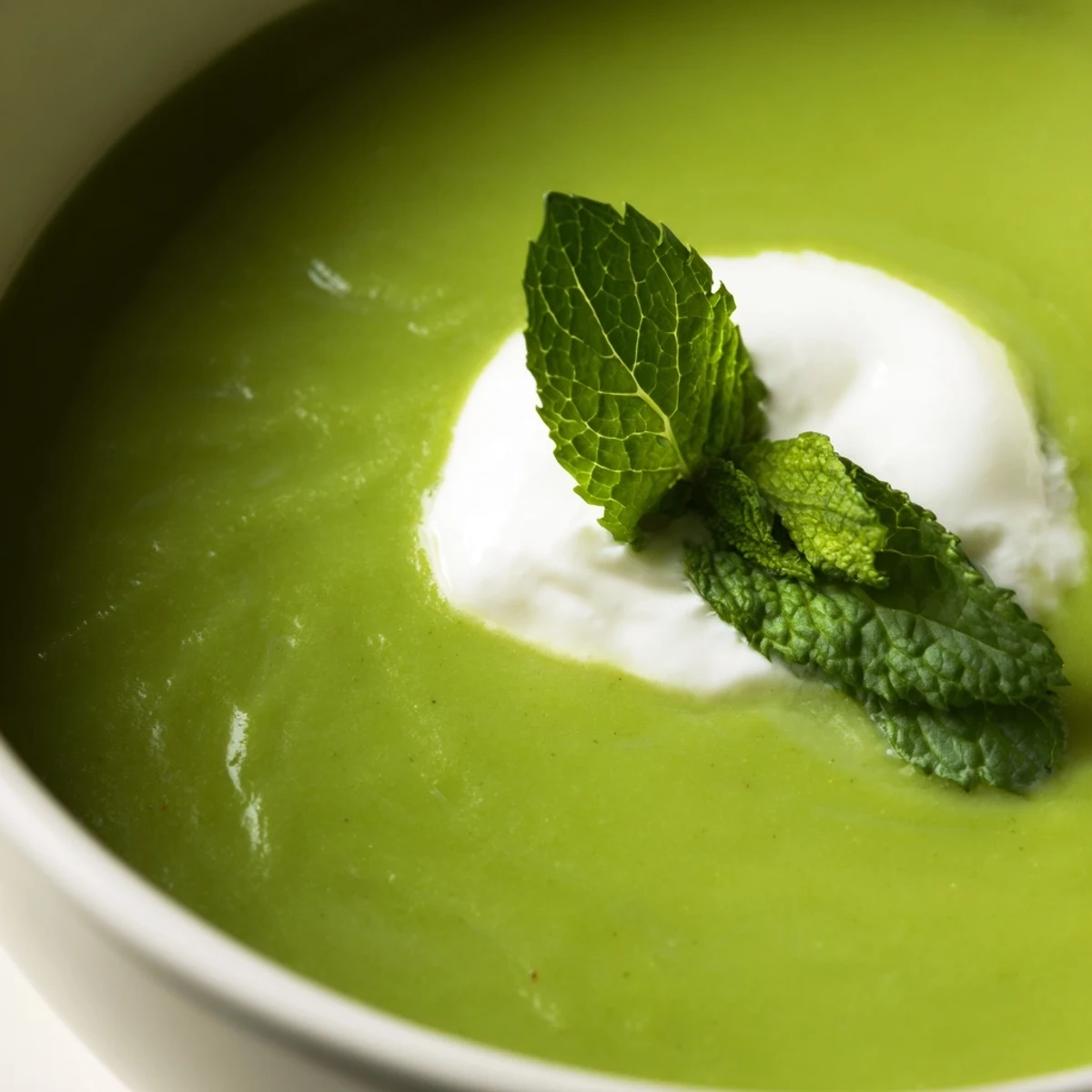 Close-up of ladled Green Pea and Mint Soup topped with tangy crème fraîche, served in a rustic ceramic bowl.