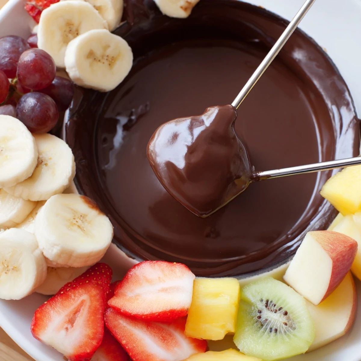 Valentine Chocolate Fondue with Fresh Fruit is displayed with skewers and apple slices, evoking a warm, sweet aroma perfect for sharing on Valentine’s Day.