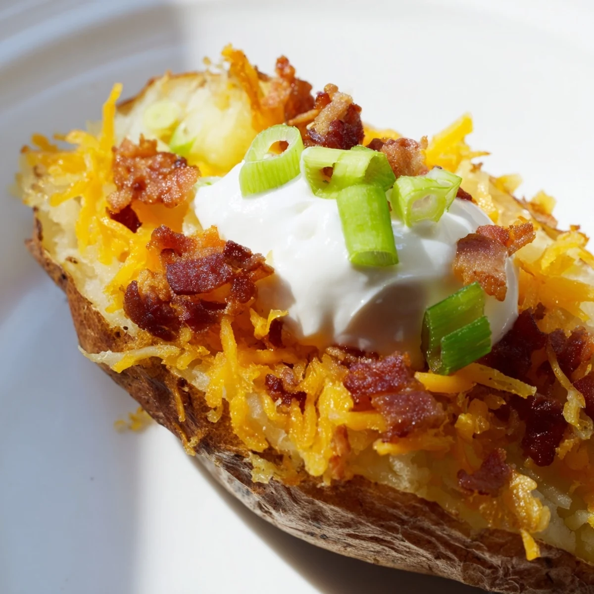 Rustic Game Day Loaded Potato Skins with Cheese, featuring crisp edges, gooey cheese, smoky bacon, and a dollop of sour cream.