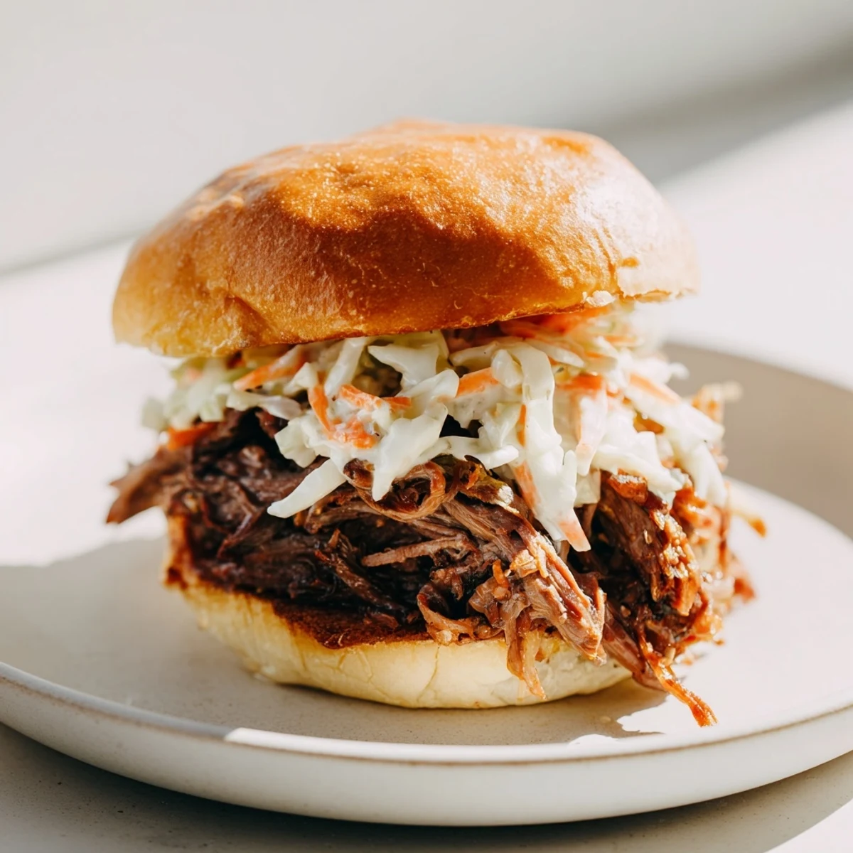 Tender shredded beef simmered in savory sauce, layered on a brioche roll with cool, crunchy slaw.