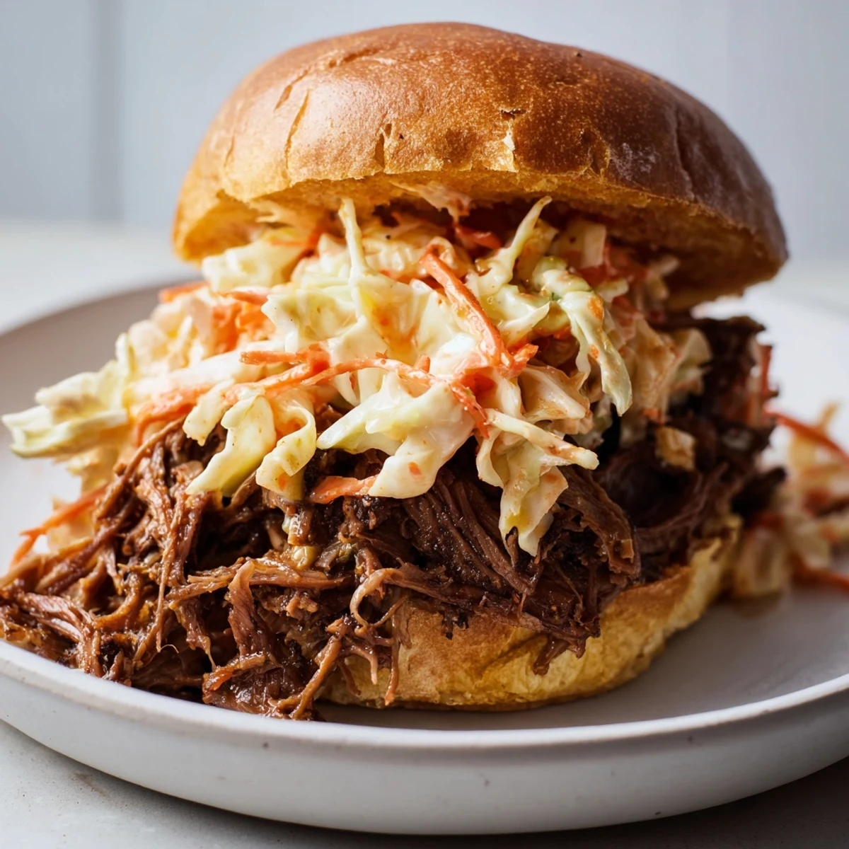 Hearty, dairy-free pulled beef sandwiches with colorful slaw, ready to serve for a casual crowd.