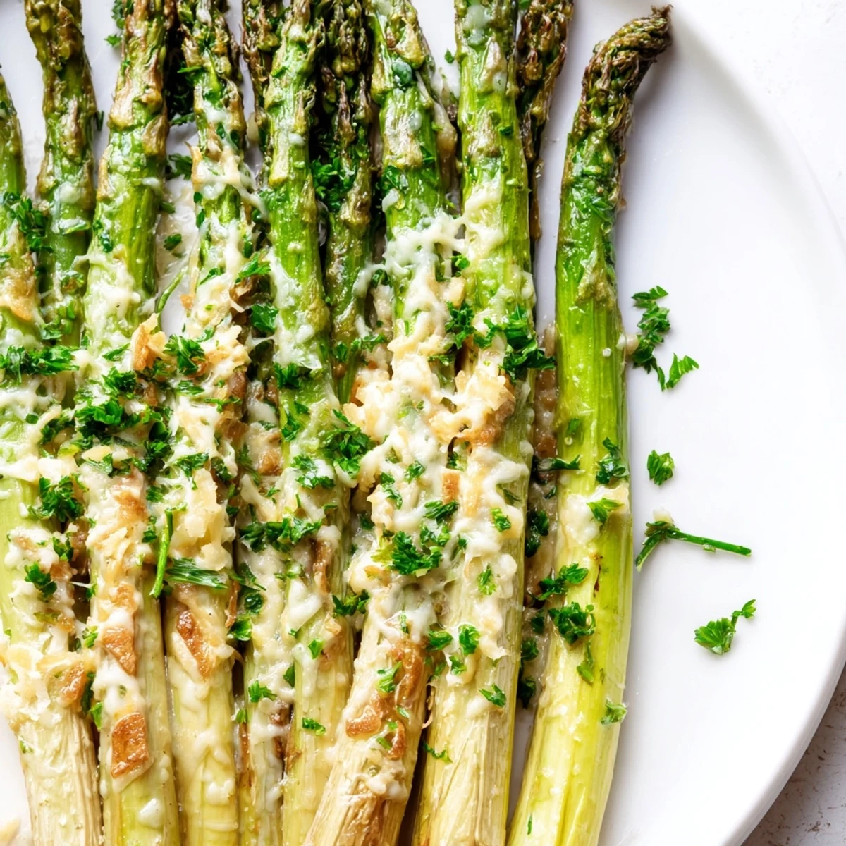 Garlic Parmesan Roasted Asparagus Spears with a golden, crispy finish on a rustic white platter.