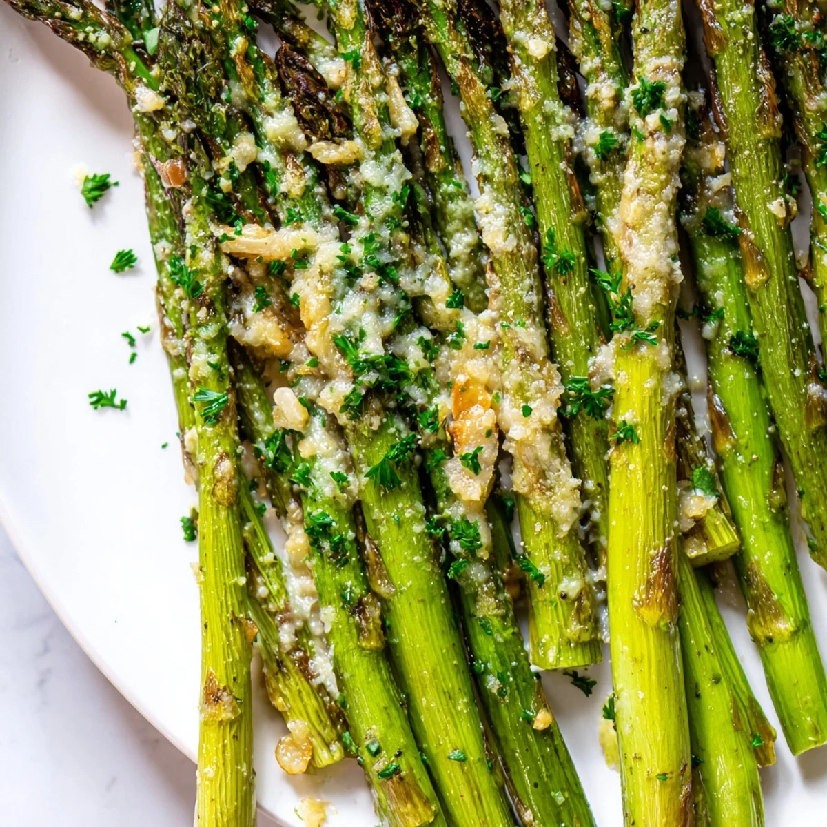 Fresh green asparagus roasted with garlic and Parmesan, ready to be enjoyed as a side dish.