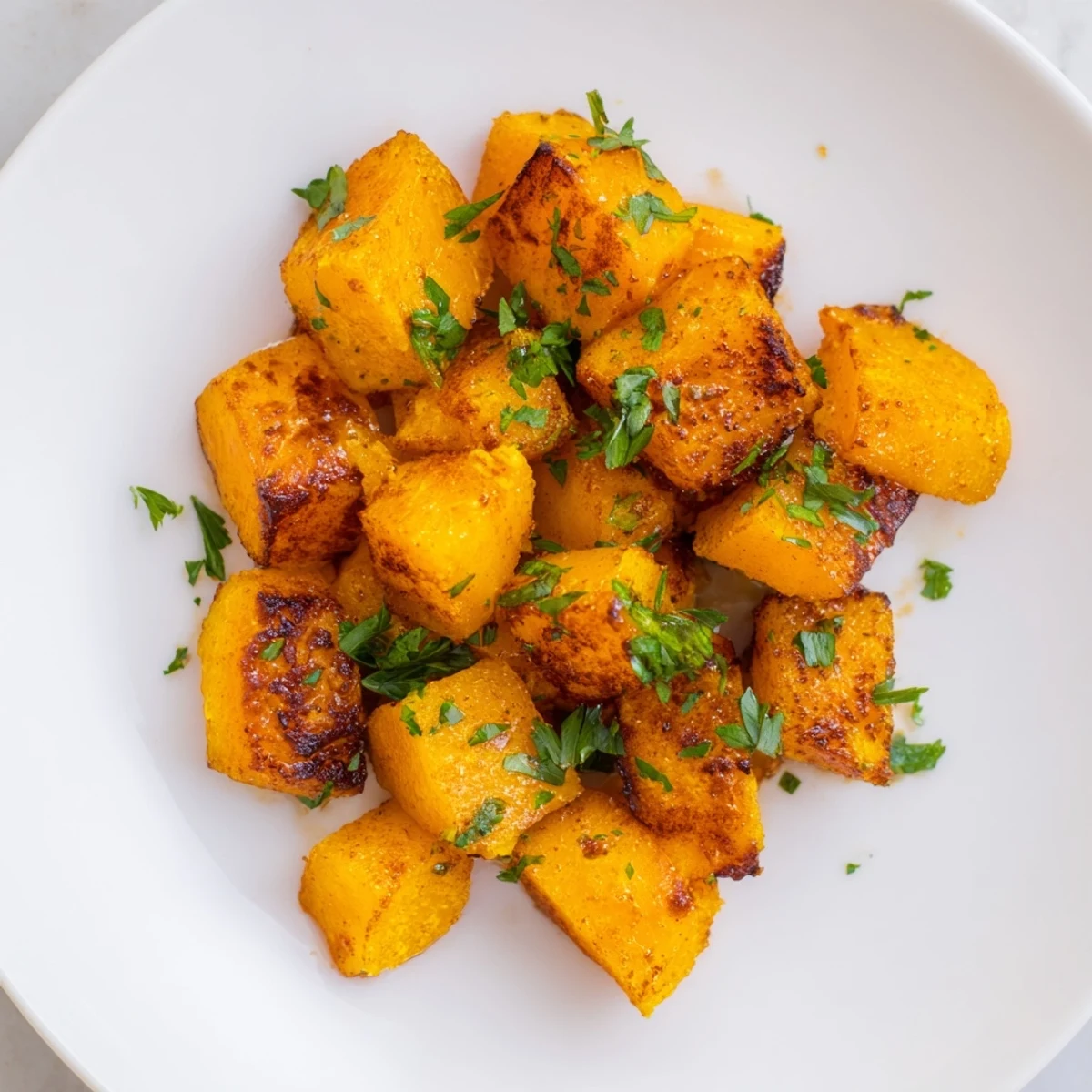 Golden cubes of roasted butternut squash are coated in warm cinnamon, offering a sweet and savory side dish.  