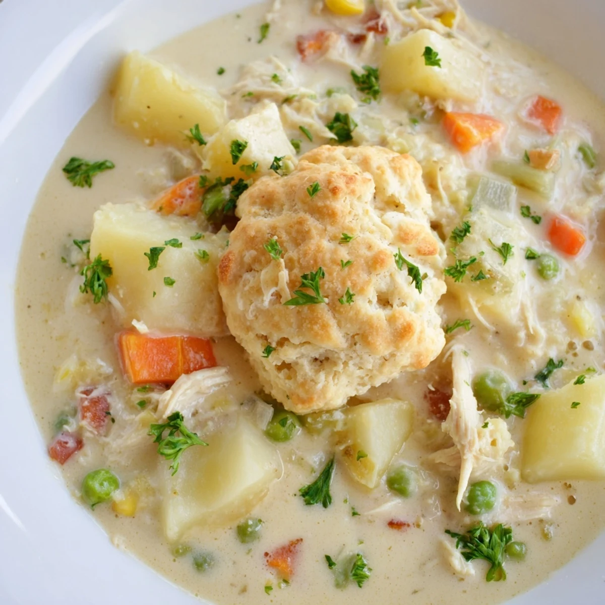 Golden-brown biscuits sit atop a steaming bowl of Chicken Pot Pie Soup, filled with tender chicken, peas, and corn in a creamy broth.