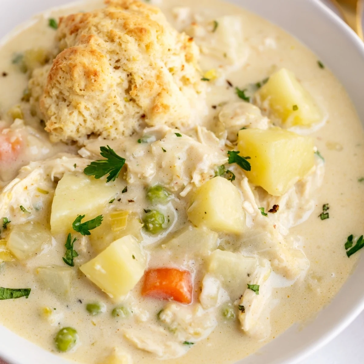 A close-up of Chicken Pot Pie Soup with Biscuit, revealing a ladle dipping into the thick, vegetable-rich stew beside a buttery biscuit.