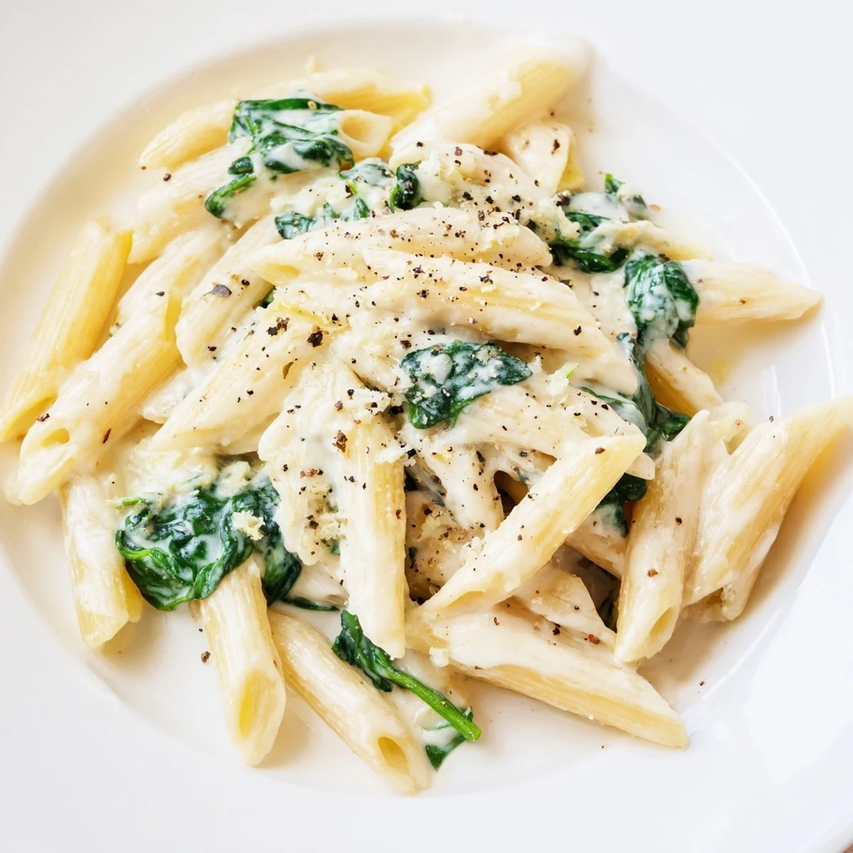 Creamy spinach pasta with garlic is served steaming in a white bowl with a fork twirling noodles through silky sauce.