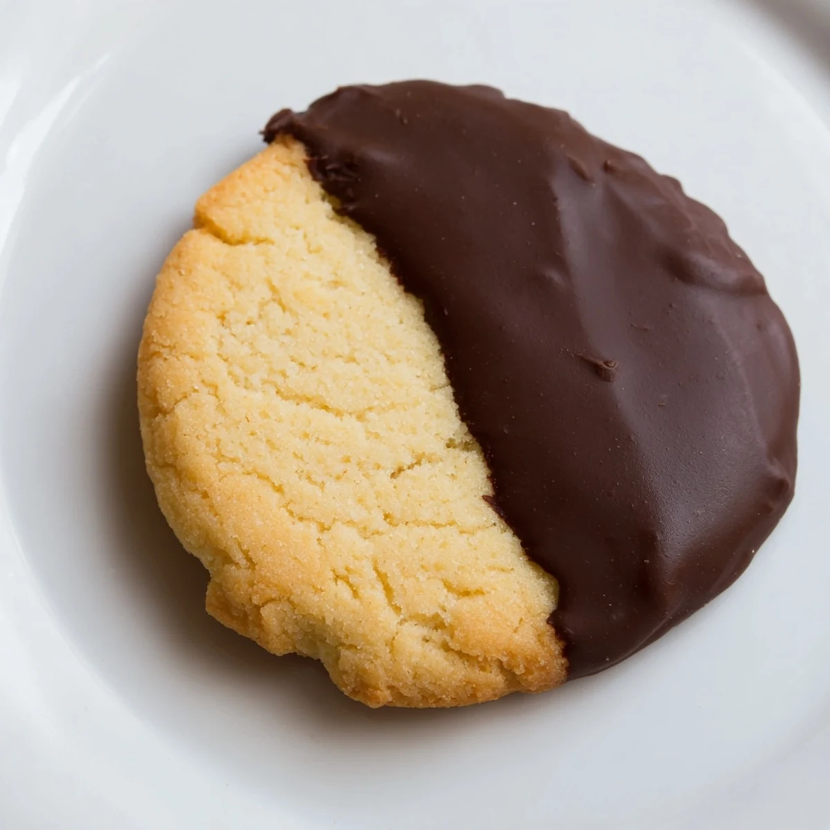 Freshly baked Chocolate Dipped Shortbread Cookies cooling on a wire rack, with buttery edges and rich chocolate halves setting.