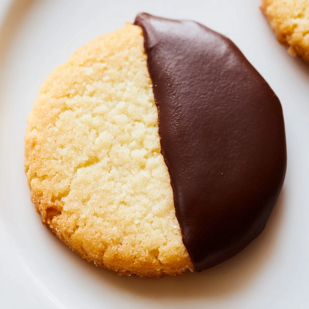 Plated Chocolate Dipped Shortbread Cookies are half-dipped in melted chocolate and sprinkled with chopped nuts, served beside a steaming cup of coffee.