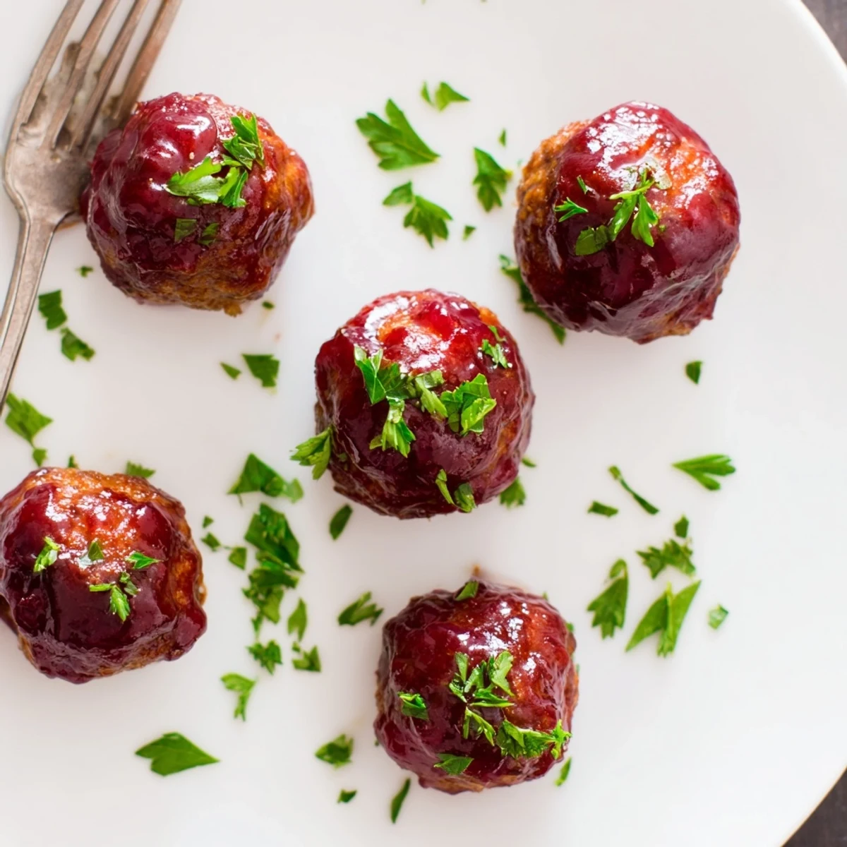 Golden-brown turkey meatballs with cranberry glaze glistening on a white platter, garnished with fresh parsley and ready to serve.