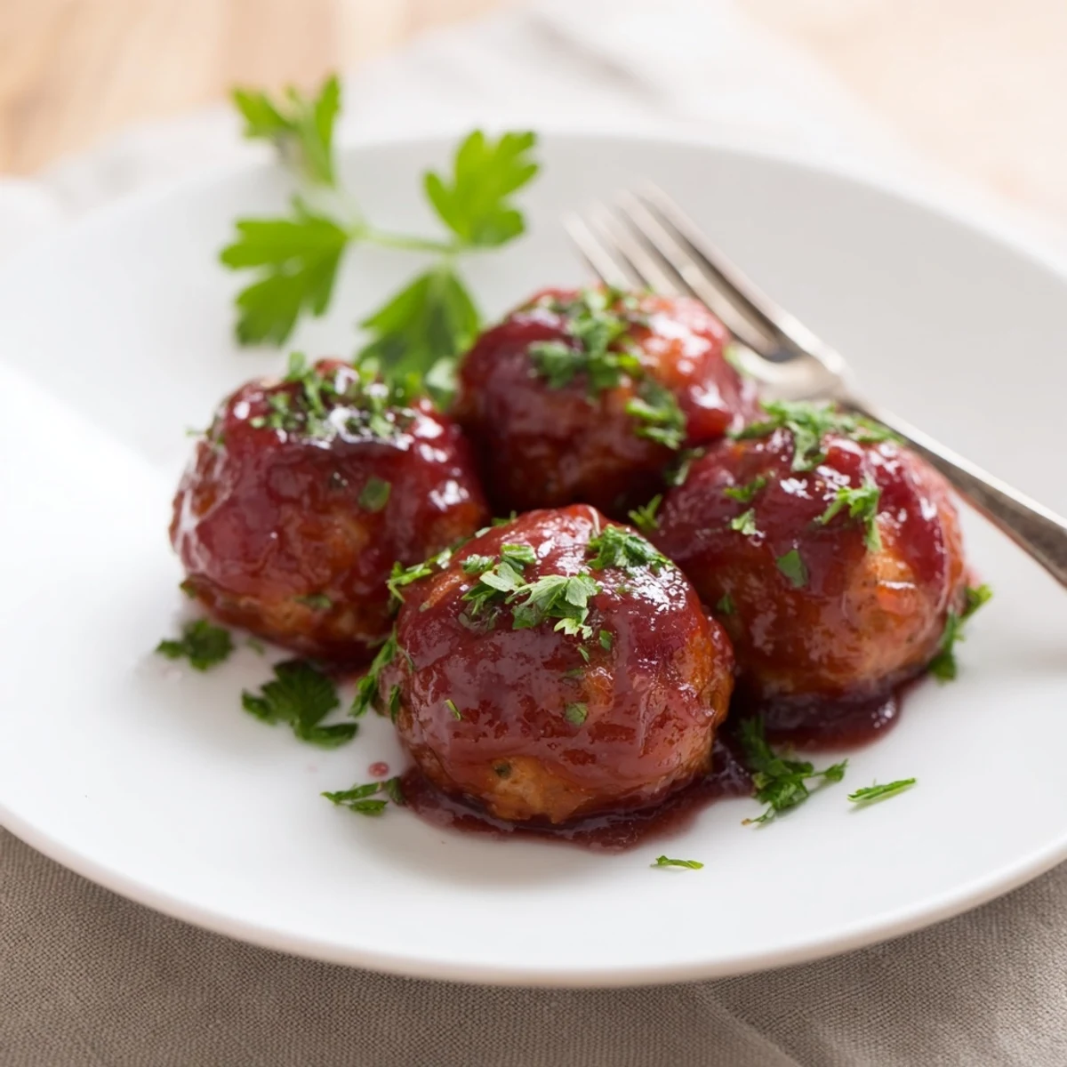 A close-up of baked turkey meatballs coated in a sticky cranberry glaze, presented on a serving dish with herbs.