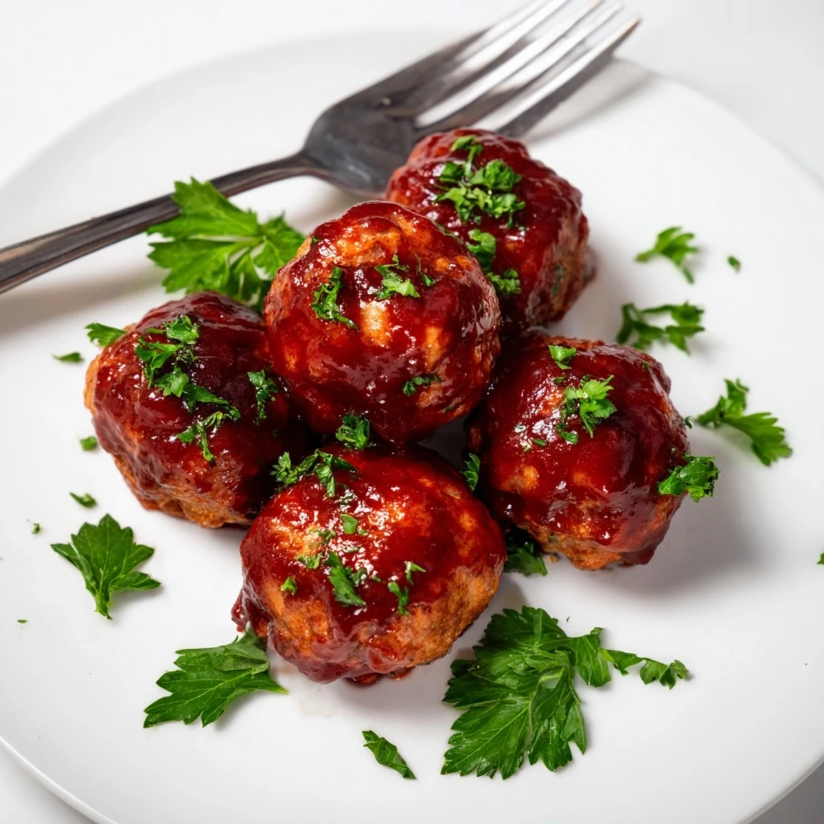 Freshly baked turkey meatballs with cranberry glaze arranged over rice, showcasing a festive appetizer or main dish.