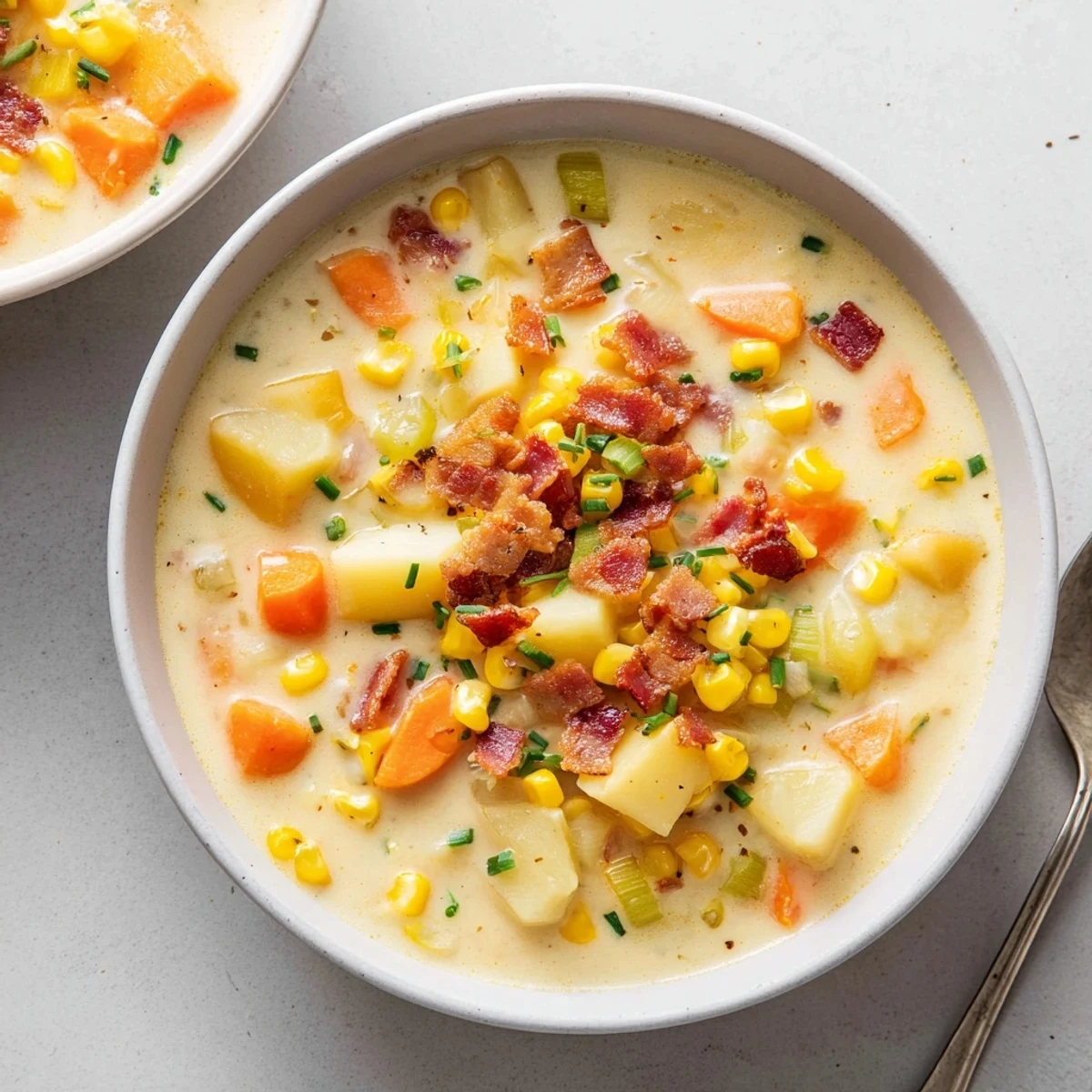 A comforting bowl of Creamy Corn Chowder with Turkey Bacon garnished with fresh chives, served alongside crusty bread for dipping.  