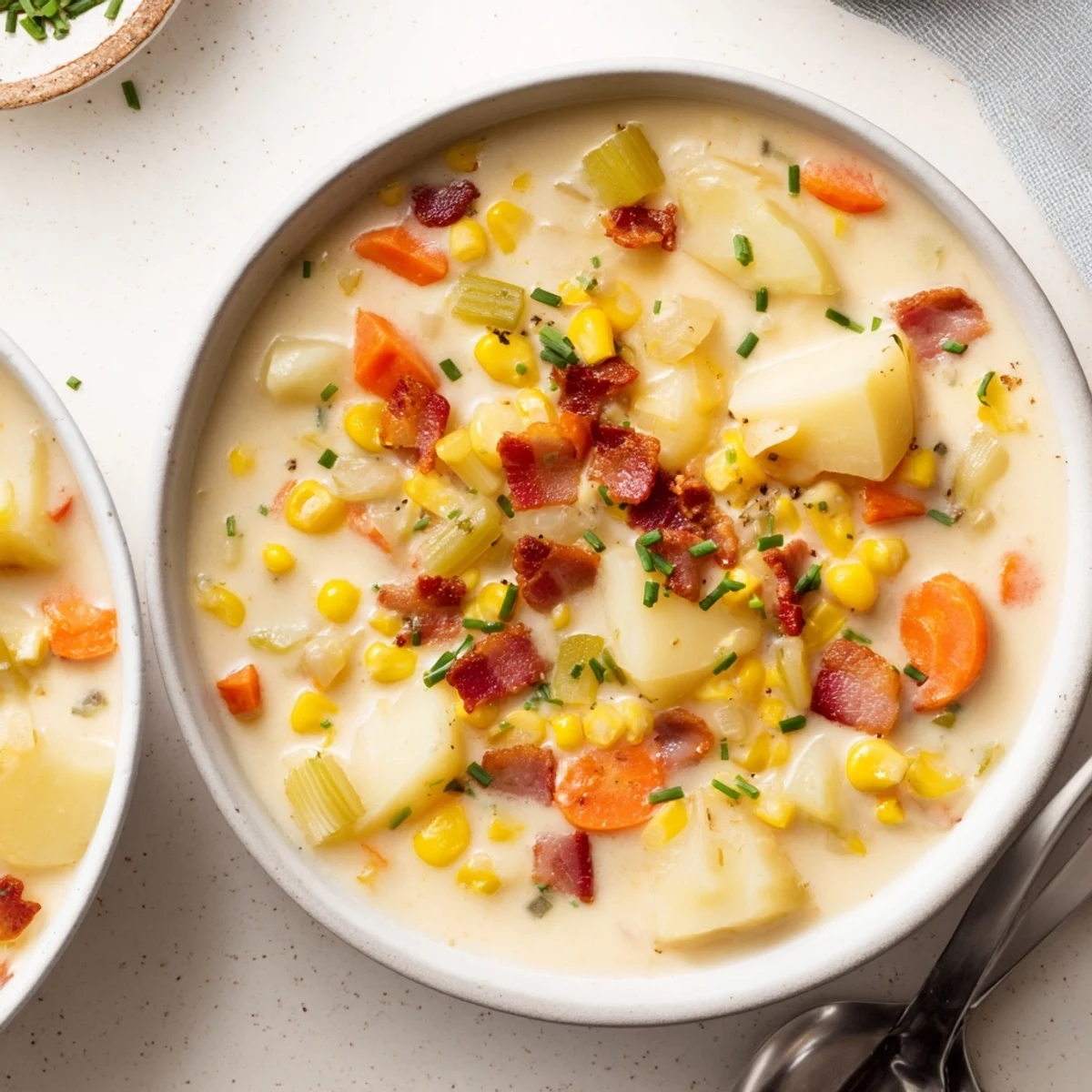 Creamy Corn Chowder with Turkey Bacon features crispy bacon crumbles, sweet corn kernels, and tender potatoes in a rich, velvety broth.  
