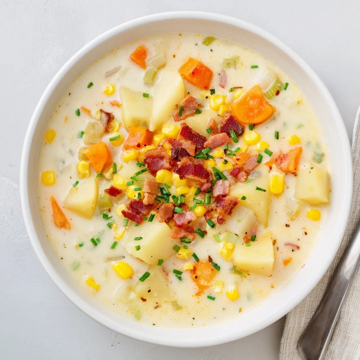 Hearty Creamy Corn Chowder with Turkey Bacon simmering in a pot, showcasing golden corn and diced vegetables in a creamy base.