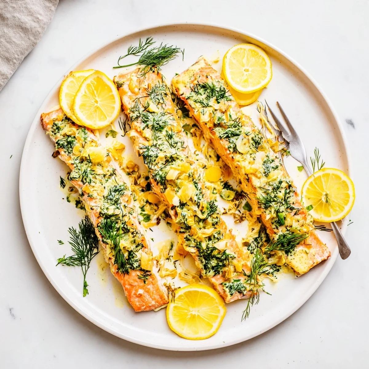 A close-up view of flaky baked salmon topped with vibrant green dill and tangy lemon sauce, served alongside roasted asparagus.  