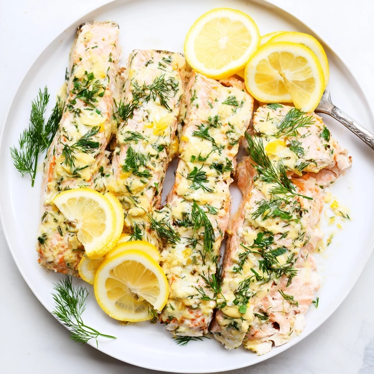 Golden-brown baked salmon fillets glazed with a creamy dill and lemon sauce, garnished with fresh herbs and lemon slices on a white plate.  