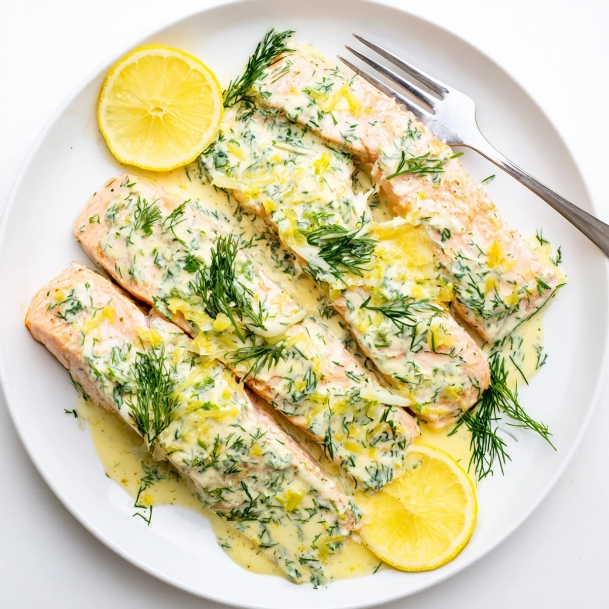 Baked salmon with dill and lemon sauce is presented beautifully, flaky and moist, with a bright, tangy sauce drizzled over the top.