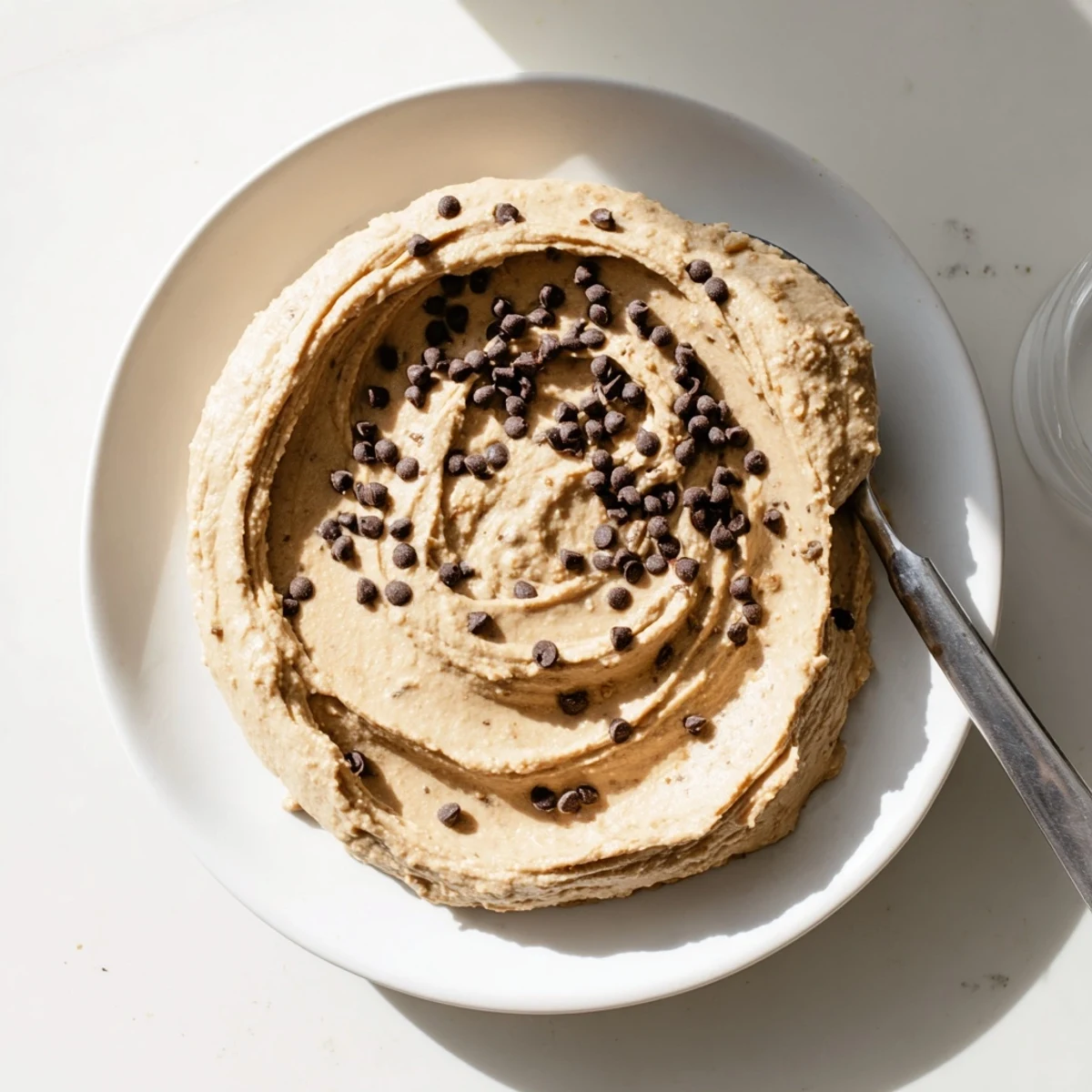 Smooth chickpea-based dessert hummus with mini chocolate chips, ready to serve by the spoonful.  
