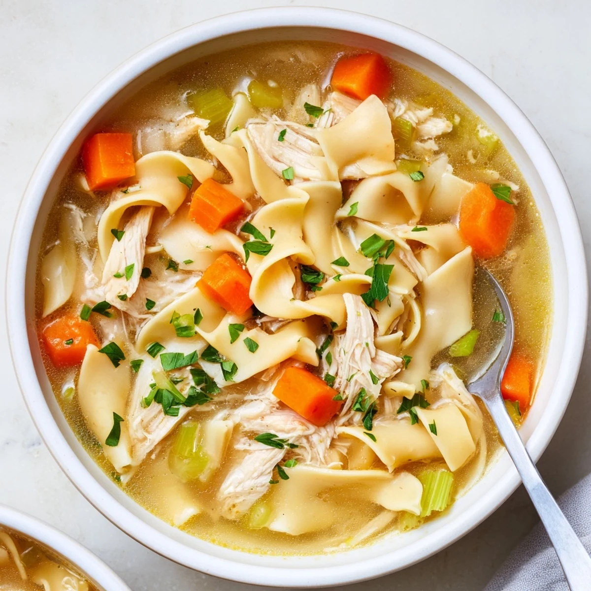 Hearty serving of Chicken Noodle Soup with Homemade Noodles, garnished with parsley and loaded with tender chicken and vegetables for a cozy meal.