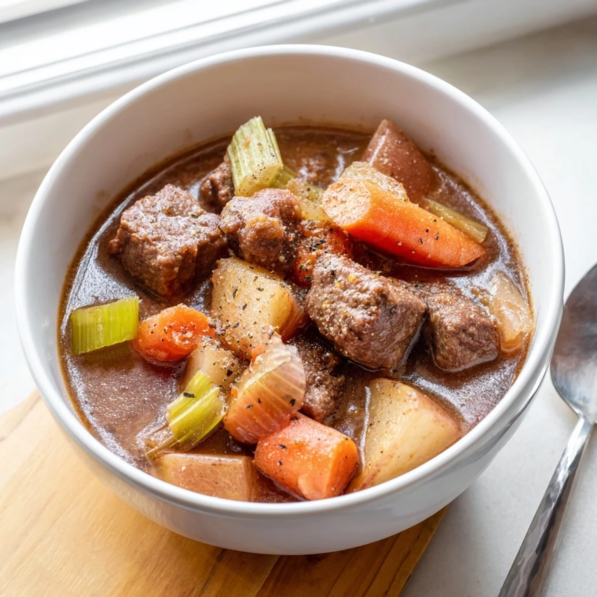 Tender beef and root vegetables in a rich, slow-cooked broth, perfect for a cozy family dinner.