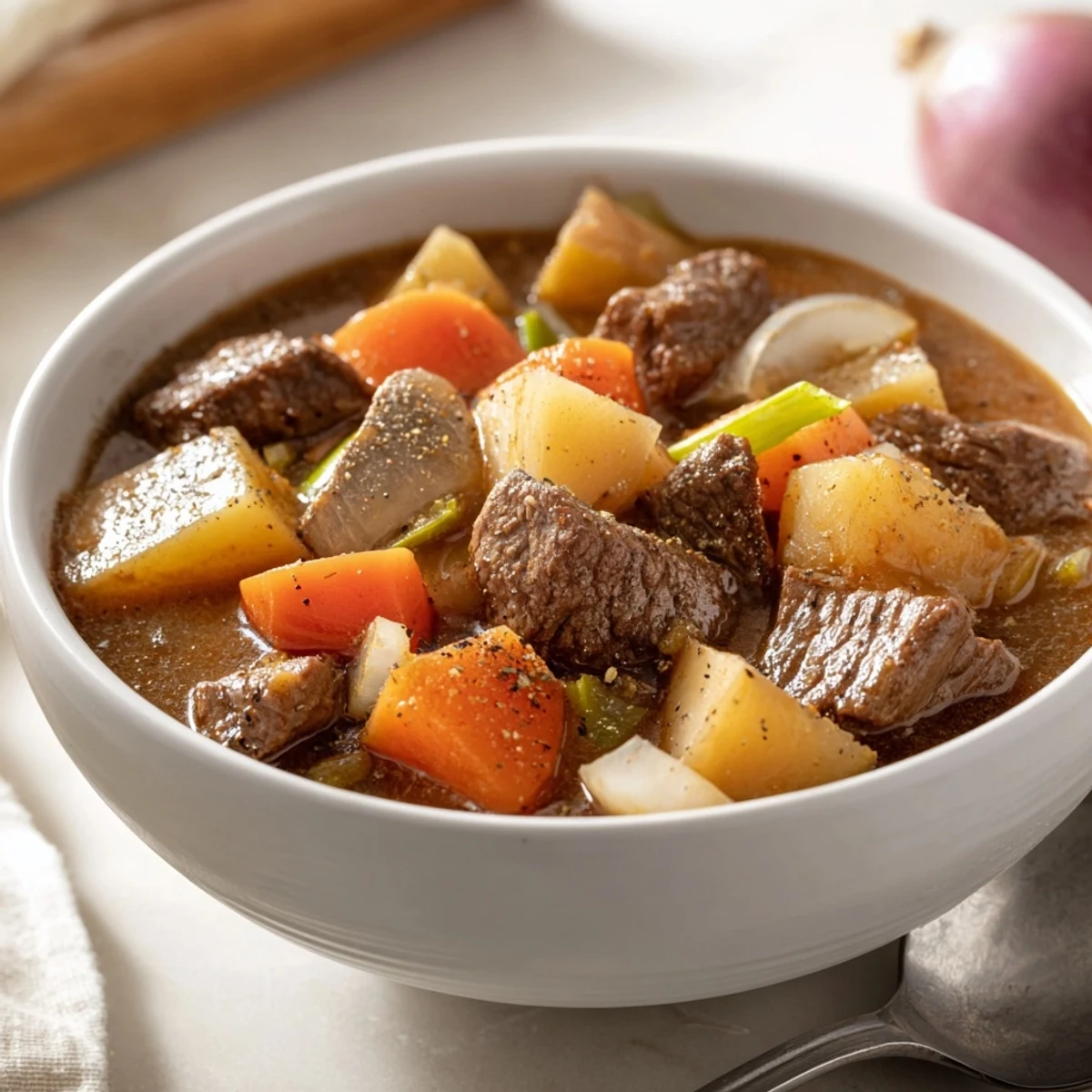 A comforting bowl of Slow Cooker Beef Stew with carrots, parsnips, and potatoes, ready to enjoy.