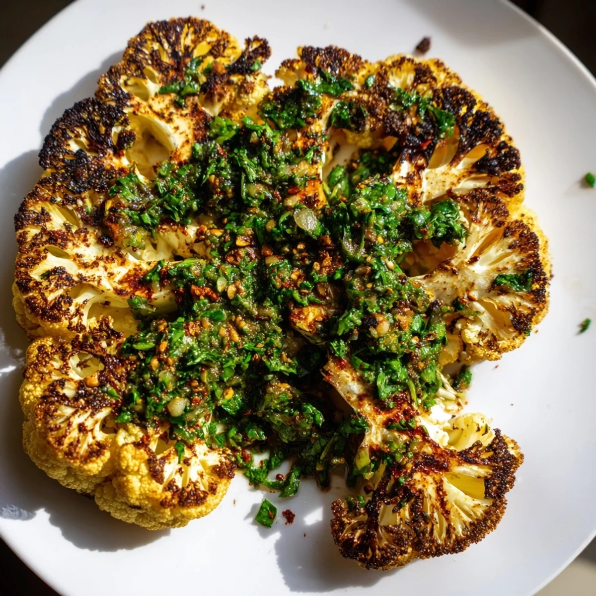 Thick, golden-brown roasted cauliflower steaks topped with vibrant green chimichurri sauce on a rustic platter.