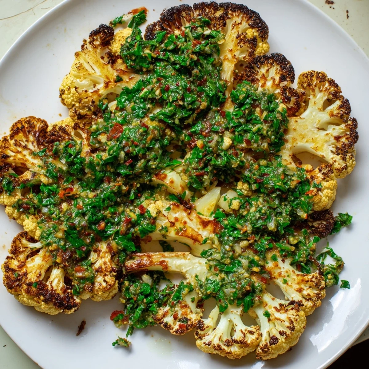 Hearty roasted cauliflower steaks served with a bright, herby chimichurri sauce for a vegetarian main.
