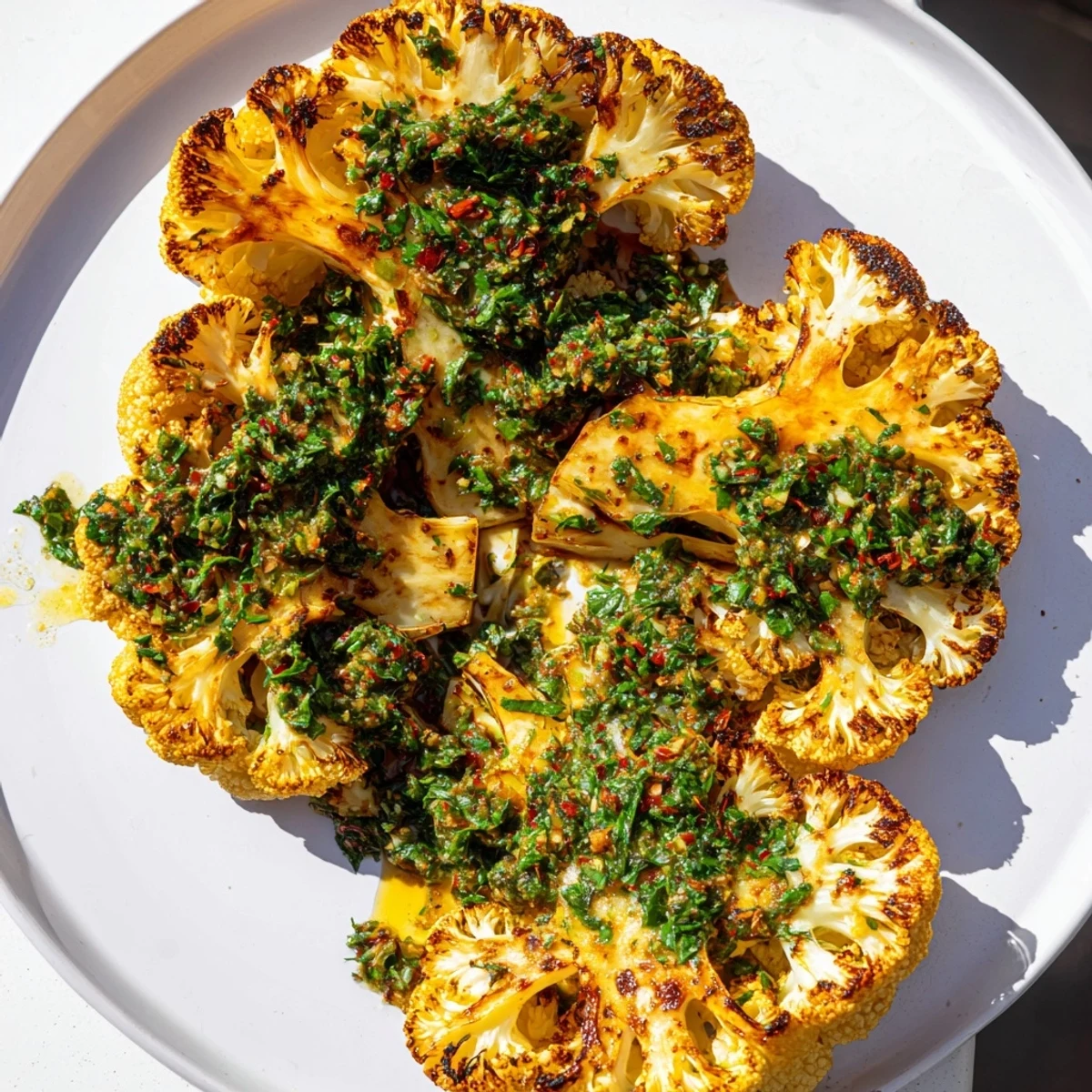 Fresh chimichurri sauce spooned generously over tender roasted cauliflower steaks, garnished with chopped herbs.