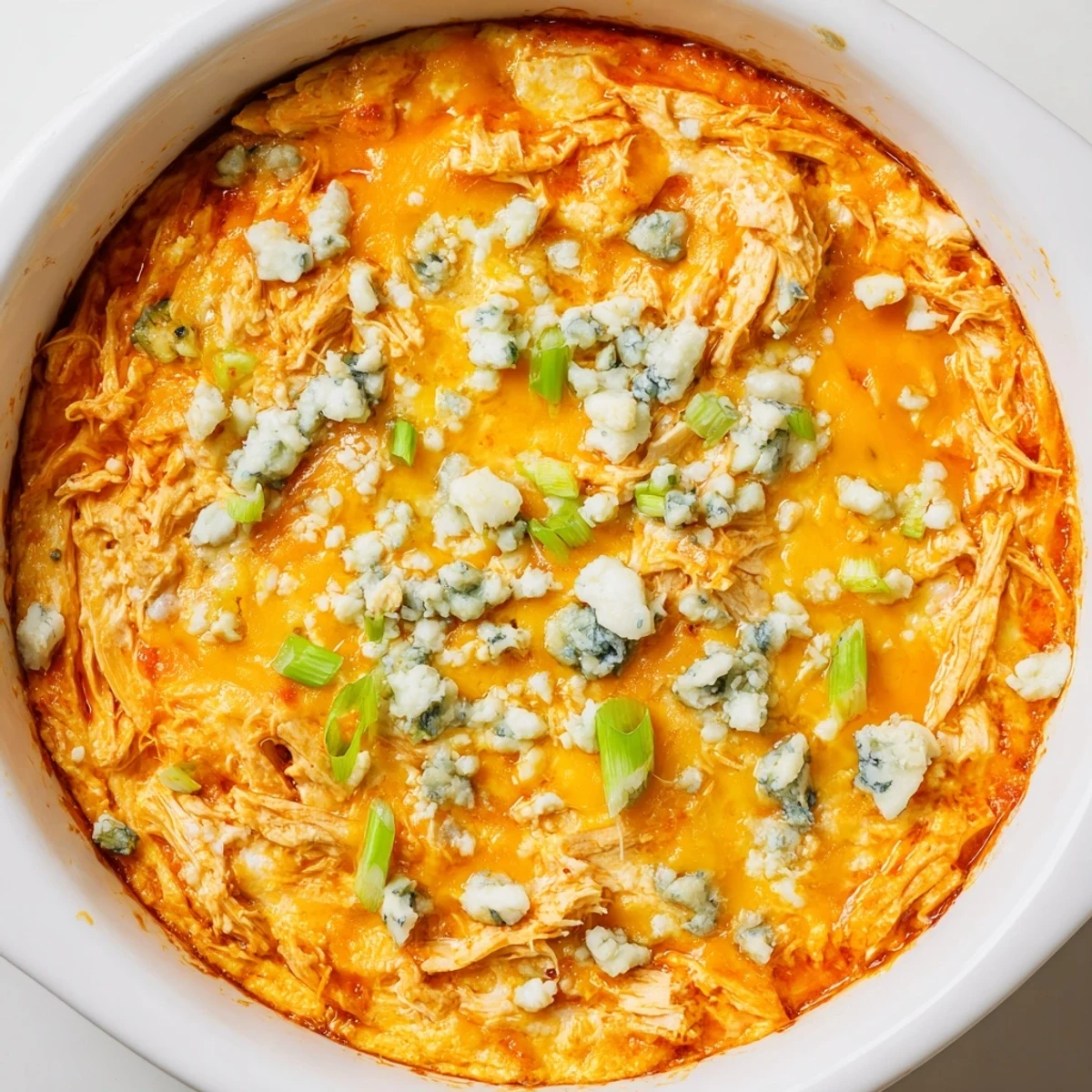 Served warm as a game day appetizer, Spicy Buffalo Chicken Dip with tortilla chips and scallions.