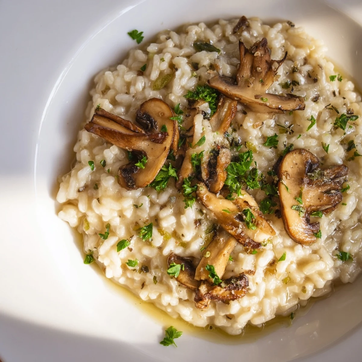 Savory Mushroom Risotto with Truffle Oil served hot alongside a glass of crisp white wine.  