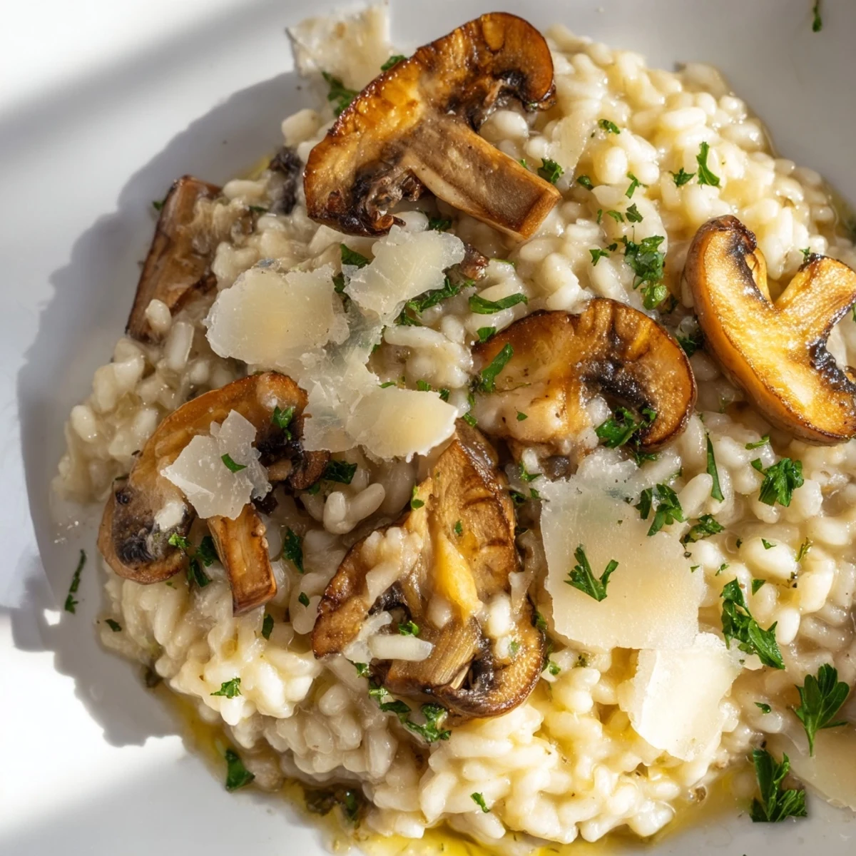 A creamy bowl of Mushroom Risotto with Truffle Oil, garnished with parsley and freshly grated Parmesan.  