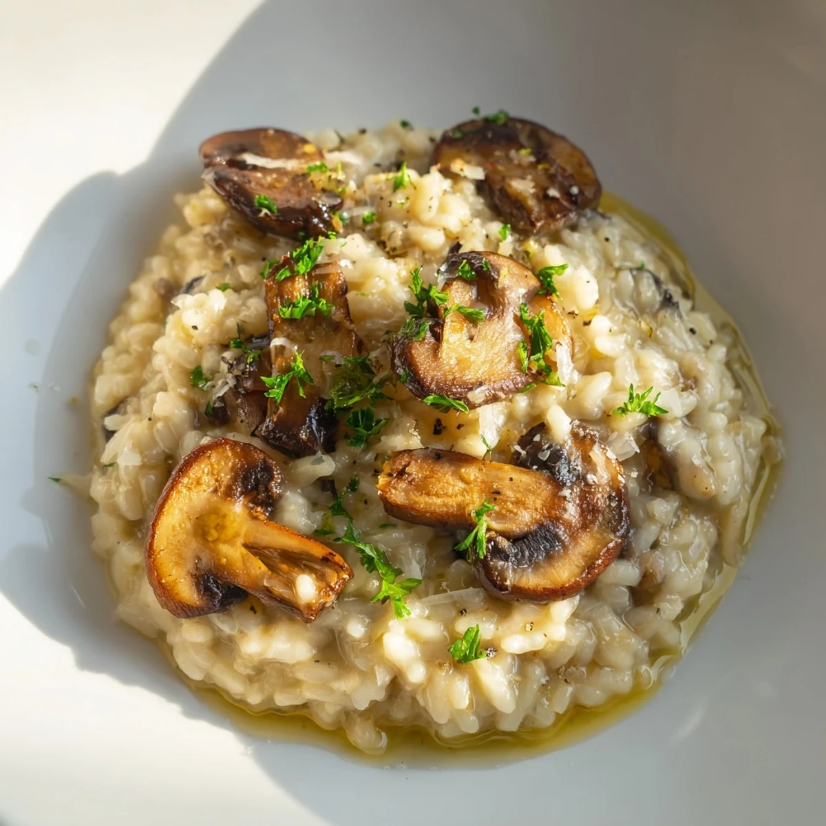 Rustic pan of Mushroom Risotto with Truffle Oil, featuring golden cremini mushrooms and a rich sauce.