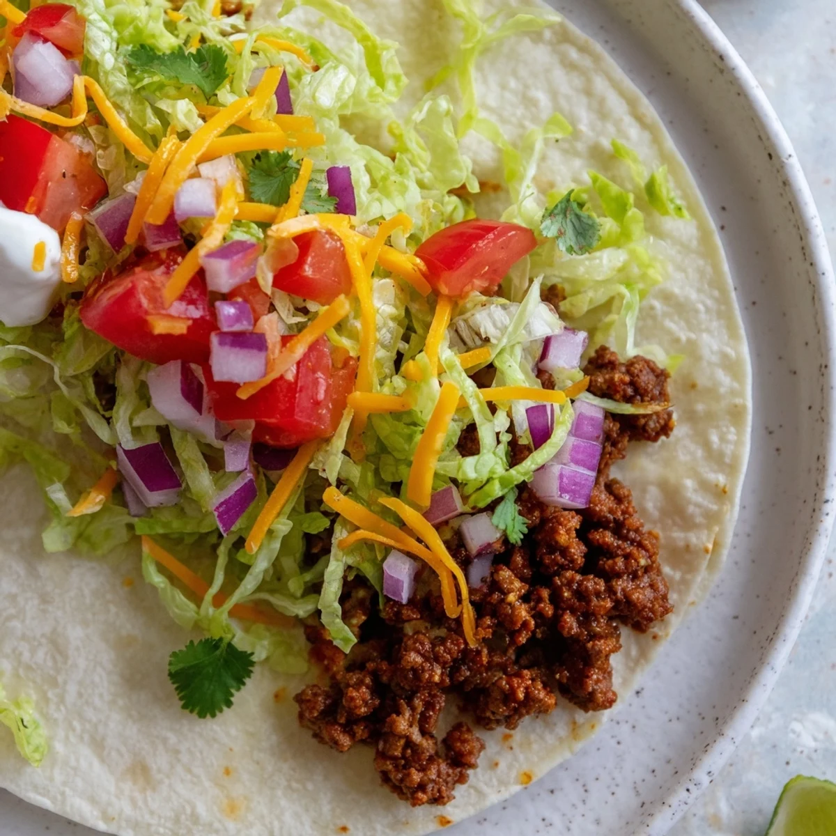 A close-up of Beef Tacos with Homemade Taco Seasoning, garnished with fresh cilantro, diced tomatoes, and a lime wedge.  
