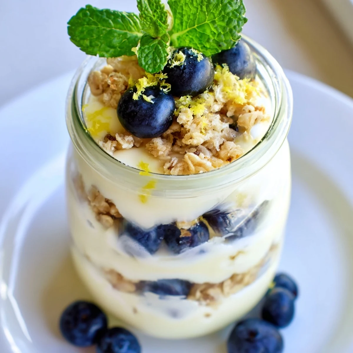 A clear top-down photo of a layered Lemon Blueberry Yogurt Parfait with Granola in a glass, showing creamy yogurt, juicy blueberries, and crunchy granola, perfect for breakfast. 