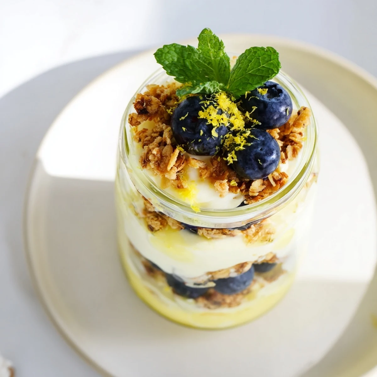 Sunlit Lemon Blueberry Yogurt Parfait with Granola in a mason jar, featuring vibrant blueberries and golden granola layers ready to be enjoyed. 
