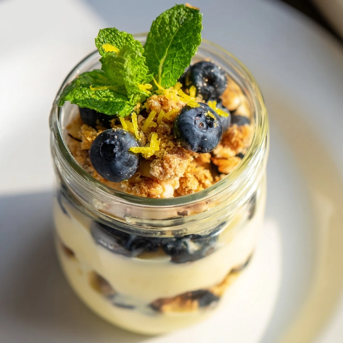 Close-up view of a Lemon Blueberry Yogurt Parfait with Granola, highlighting the creamy yogurt texture and fresh blueberries in a clear glass.