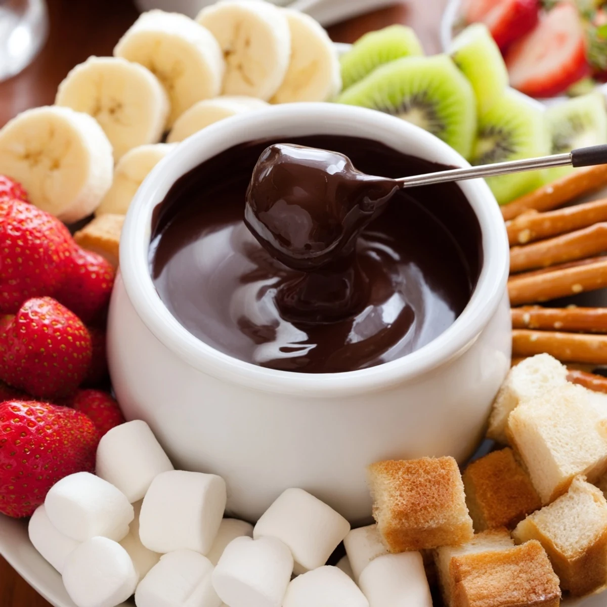 Rich, glossy Date Night Chocolate Fondue with pretzel sticks, pound cake cubes, and kiwi chunks arranged artfully on a wooden board.  